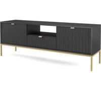 Armoire TV : un tiroir, deux portes, trois étagères, couleur : noir, couleur du cadre : or Dimensions du meuble : L : 154 cm, H : 56 cm, P : 39 cm