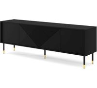 Armoire TV WOODY BLACK 4D 180 cm NOIR MAT - Façades fraisées MDF - Table TV sur pieds