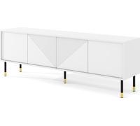 Armoire TV WOODY WHITE 4D 180 cm BLANC MATT - Façades fraisées MDF - Table TV sur pieds