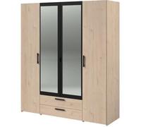 Armoire VARIA - 4 portes battantes + 2 miroirs + 2 tiroirs - Décor chêne et noir - L160 x H 185 x P 51.7 cm