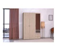 Armoire VARIA - Décor chêne - 3 portes - 2 tiroirs - Porte droite avec miroir - 120,3 x 185 x 51,7