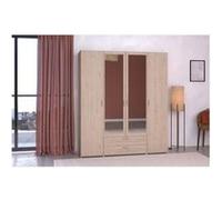 Armoire VARIA - Décor chêne - 4 portes - 2 tiroirs - Portes centrales avec miroirs - 159,9 x 185 x 51,7
