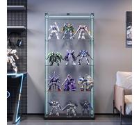 Armoire vitrine en verre avec barre lumineuse LED, cabinet d'affichage à 3 couches, 2 portes et serrure, vitrine en verre pour salon, bureau (noir, 4 étages, 2 portes + barre lumineuse LED)