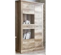 Armoire vitrine PEGANE - Chêne vieilli - 2 portes, 2 tiroirs et 6 casiers - 125x41,8x174,7cm