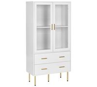 Armoire Vitrines avec Portes en Verre et 2 Tiroirs Rangement Pieds Dorés MDF Blanc Milora