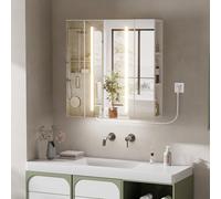 Armoires de Salle de Bain avec 3 miroirs et LED Éclairage, 3 Températures de Couleur Armoire Miroir de Salle de Bain à Intensité Variable avec Capteur et Anti-Buée, 2 AC 2 USB Blanc Mural 70x16x71cm