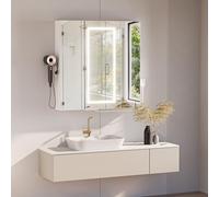 Armoires de Salle de Bain avec 3 miroirs et LED Éclairage, 3 Températures de Couleur Armoire Miroir de Salle de Bain à Intensité Variable avec Capteur et Anti-Buée, 2 AC 2 USB Blanc Mural 80x16x80cm