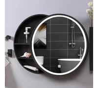 Armoires de Salle de Bain en Bois Massif, armoires de Salle de Bain avec Miroir éclairé et Rangement Coulissant, Armoire de Salle de Bain Ronde Moderne avec Bouton de réglage Intel