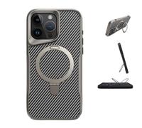 Armor Magnetic Phone Case, Carbon Fiber with Ring Stand Phone Case, Soft Rubber Frame Metal Stand PhoneCase for iPhone 13/14/15/16 Pro Max (Gray,for iPhone15Plus)