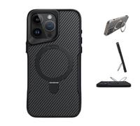 Armor Magnetic Phone Case, Carbon Fiber with Ring Stand Phone Case, Soft Rubber Frame Metal Stand PhoneCase for iPhone 13/14/15/16 Pro Max (Black,for iPhone13)