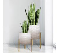 Arnis Lot de 2 Pots de Fleurs d'intérieur avec Support, Pots de Fleurs décoratifs Uniques en métal du Milieu du siècle avec Drainage, 21 et 26,7 cm, Gris et Blanc