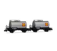 Arnold HN6701 FS, Lot de 2 Wagons citernes à 2 essieux, livrée argentée Shell, EP. III-IV