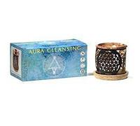 Aromafume Aura Kit d’encens nettoyants pour briques et coffret cadeau Lot de 12 briques (4 sauge blanche, 4 sang de dragons, 4 Palo Santo) & brûleur d'encens exotique Fleur de vie