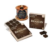 Aromafume Briques d'encens au benjoin et brûleur d'encens exotique Fleur de vie | 2 plateaux x 9 briques | Extrait de styrax, originaire d'Indonésie | Idéal pour la prière et la méditation | Faible