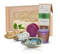 Aromantra Coffret Chakra Couronne Sahasrara, Thé Vert Yunnan 50g, Sauge Blanche, Palo Santo, Coquille Abalone, Bougie, Savon, 8 Pièces, Sans Caféine