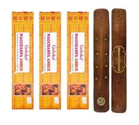 Aromasenses | 3 Étuis d'Encens Goloka Nag Champa Twin Series + 1 Brûleur d'Encens Aromasenses | Nag Champa + Ambre | 2 Parfums par Bâtonnet | Encens Masala Goloka | Arômes Naturels