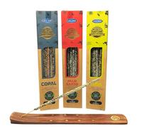 Aromasenses | 3 étuis d'encens ULLAS | 100% Naturel | Fait Main | 25 grammes chacun + 1 brûleur d'encens Aromasenses (Palo Santo - Rue - Copal)