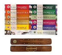 Aromasenses | Coffret de 12 Encens Golden Nag Vijayshree + Porte-Encens en Bois | Encens Artisanal | sans Produits Chimiques | 100% Naturel