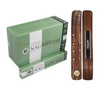 Aromasenses - Encens Golden Nag Sauge Blanche Vijayshree - 12 boîtes de 15 grammes chacune + 1 brûle-encens Aromasenses