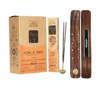 AROMASENSES | Encens Yatra Parimal Myrrhe + Bois de Santal | Boîte Complète de 12 Paquets de 15 g + 1 Porte-Encens Aromasenses | Bâtons d’Encens Masala Faits à la Main en Inde