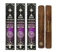 Aromasenses | Pack de 3 Encens Améthyste + 1 Porte-Encens Aromasenses | Pierres Ésotériques 3 × 20 g = 60 g d’Encens + 1 Boîte avec Pierres d’Améthyste | Énergie | Purification | Nettoyage Spirituel
