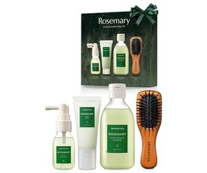 AROMATICA Kit d'Essai de Peeling du Cuir Chevelu au Romarin - Coffret Cadeau - [Mini Brosse à Cheveux en Bois / Shampoing 100ml / Activateur de Racines 30ml / Gommage du Cuir Chevelu 30ml]