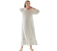 aromm Femmes Coton Victorien Robe de Nuit Garniture en Dentelle Manche Longue Extensible Pyjama Blanc, L