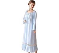 aromm Femmes Coton Victorien Robe de Nuit Garniture en Dentelle Manche Longue Extensible Pyjama Bleu, M