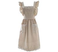 aromm Femmes Filles Mignon Coton Chef Tabliers avec Poches Dentelle Florale Décor Plissée Pinafore Tablier Robe, Beige