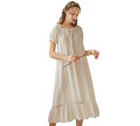 aromm Femmes L'été Longue Victorien Robe de Nuit Manches Courtes Côté Dentelle Coton élasticité Robe Loisers Blanc, S