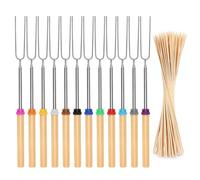 AROMUJOY Brochettes pour Barbecue, Lot de 12 Brochettes Télescopiques en Acier Inoxydable +100 Pièces 30cm Brochettes en Bambou, Fourchettes de Barbecue Extensible à 31-81cm pour Camping,Feu de Camp
