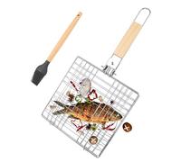 AROMUJOY Panier Grille pour Barbecue, Pliable Panier de Barbecue en Acier Inoxydable avec Brosses en Silicone et Poignée en Bois, Panier à Poisson pour Grillades pour Rôti, Légumes, Crevettes, Steak
