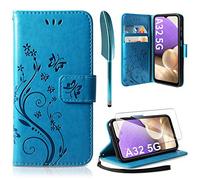 AROYI Coque Compatible avec Samsung Galaxy A32 5G, Retro Design PU Etui Housse en Cuir Portefeuille de Protection Fonction Stand Video Porte Carte Credit Ticket Flip Case A32 5G Bleu (Bleu)
