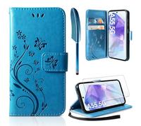 AROYI Coque Compatible avec Samsung Galaxy A55 5G, Retro Design PU Etui Housse en Cuir Portefeuille de Protection Fonction Stand Video Porte Carte Credit Ticket Flip Case Bleu