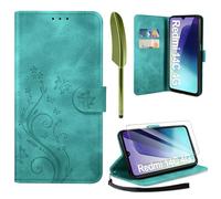 AROYI Coque pour Xiaomi Redmi 14C / Poco C75 avec 1 Verre Trempé, Retro Design PU Etui Housse en Cuir Portefeuille de Protection Fonction Stand Video Porte Carte Credit Ticket Flip Case Vert Foncé