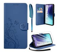 AROYI Coque pour Xiaomi Redmi 14C / Poco C75 avec 1 Verre Trempé, Retro Design PU Etui Housse en Cuir Portefeuille de Protection Fonction Stand Video Porte Carte Credit Ticket Flip Case Bleu Foncé