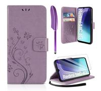 AROYI Coque pour Xiaomi Redmi 14C / Poco C75 avec 1 Verre Trempé, Retro Design PU Etui Housse en Cuir Portefeuille de Protection Fonction Stand Video Porte Carte Credit Ticket Flip Case Violet