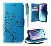 AROYI Coque pour Xiaomi Redmi 14C / Poco C75 avec 1 Verre Trempé, Retro Design PU Etui Housse en Cuir Portefeuille de Protection Fonction Stand Video Porte Carte Credit Ticket Flip Case Bleu