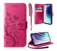 AROYI Coque pour Xiaomi Redmi 14C / Poco C75 avec 1 Verre Trempé, Retro Design PU Etui Housse en Cuir Portefeuille de Protection Fonction Stand Video Porte Carte Credit Ticket Flip Case Rose Rouge
