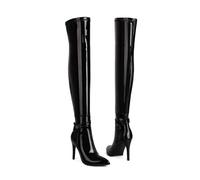 ARPINO Bottes Cuissardes Femme avec Fermeture Éclair Hiver Vernis Sexy Talon Haut Bout Pointu Soirée Bottes,Black Patent Leather,43 EU