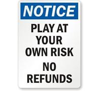 ARPINO Plaque en étain 20,3 x 30,5 cm avec inscription « Play at Your Own Risk, No Refunds Notice »