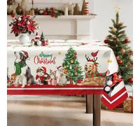 Arquiel Chat Chien Nappe De NoëL, Nappe De Table Hiver Fleurs Rouge Rectangulaire Antitache Imperméable Lavable pour Cuisine FêTe De NoëL Vacances DéCoration D'IntéRieur(140x180cm)