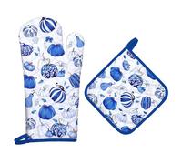 Arquiel Gants De Four & Maniques Automne Bleu Citrouille Lot De 2, 100% Coton Maniques Cuisine Gant Four Anti Chaleur Extra-Longue pour Barbecue, Griller,Micro-Ondes Décoration Cadeaux Vacances