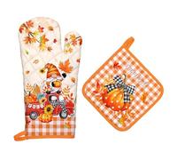 Arquiel Gants De Four & Maniques Automne Citrouille GNOME Lot De 2, 100% Coton Maniques Cuisine Gant Four Anti Chaleur Extra-Longue pour Barbecue, Griller,Micro-Ondes Décoration Cadeaux Vacances