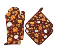 Arquiel Gants De Four & Maniques Automne Citrouille Lot De 4, 100% Coton Maniques Cuisine Gant Four Anti Chaleur Extra-Longue pour Barbecue, Griller,Micro-Ondes Décoration Cadeaux Vacances