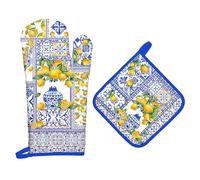 Arquiel Gants De Four & Maniques Champêtre Citron Lot De 2, 100% Coton Maniques Cuisine Gant Four Anti Chaleur Extra-Longue pour Barbecue, Cuisine, Griller,Micro-Ondes