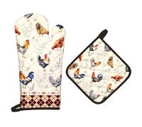 Arquiel Gants De Four & Maniques Champêtre Rooster Lot De 2, 100% Coton Maniques Cuisine Gant Four Anti Chaleur Extra-Longue pour Barbecue, Cuisine, Griller,Micro-Ondes