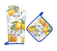 Arquiel Gants De Four & Maniques Citron Lot De 2, 100% Coton Maniques Cuisine Gant Four Anti Chaleur Extra-Longue pour Barbecue, Cuisine, Griller,Micro-Ondes