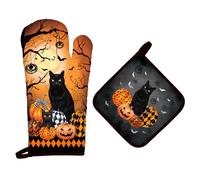 Arquiel Gants De Four & Maniques Halloween Chat Lot De 2, 100% Coton Maniques Cuisine Gant Four Anti Chaleur Extra-Longue pour Barbecue, Griller,Micro-Ondes Décoration Cadeaux Vacances