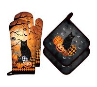 Arquiel Gants De Four & Maniques Halloween Chat Lot De 4, 100% Coton Maniques Cuisine Gant Four Anti Chaleur Extra-Longue pour Barbecue, Griller,Micro-Ondes Décoration Cadeaux Vacances